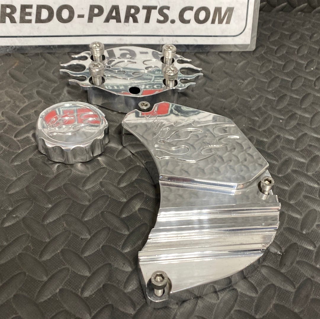 Aftermarket Billet Water Pump Cover with Bolts and Matching Rear Brake Reservoir Cap and Matching Handlebar Clamp*USED*