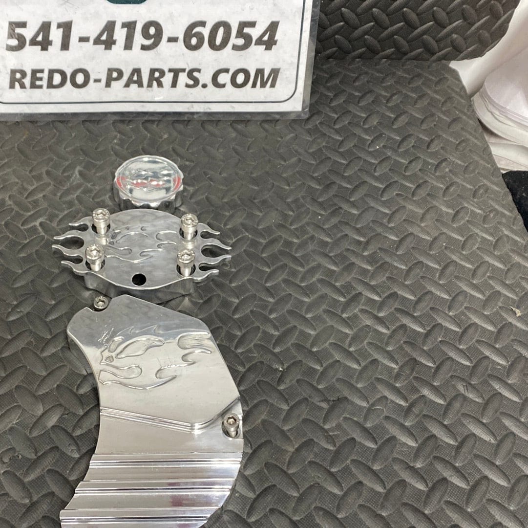 Aftermarket Billet Water Pump Cover with Bolts and Matching Rear Brake Reservoir Cap and Matching Handlebar Clamp*USED*