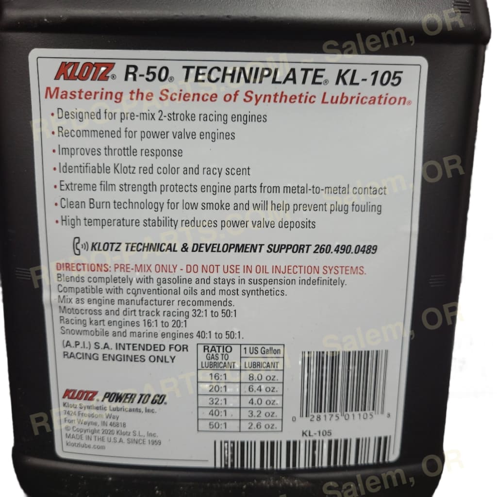 KLOTZ R-50 Racing 2-Stroke Pre-Mix Techniplate Synthetic Oil 1 Gallon *NEW* Parts - New
