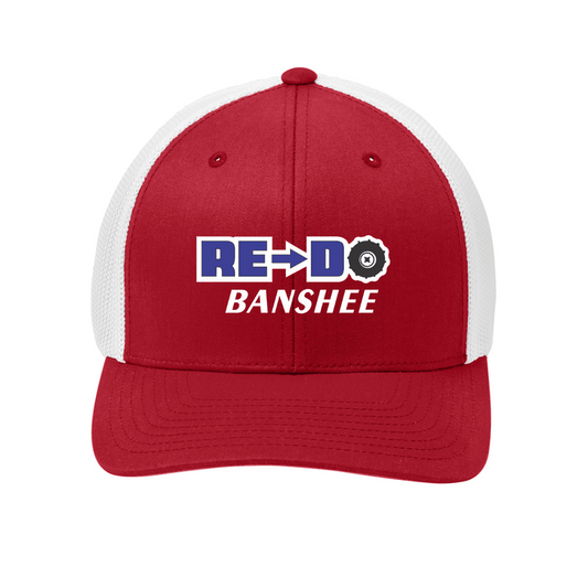 Re-Do Logo Trucker Flexfit Hat, Blue White Logo, Red with White Mesh *NEW*